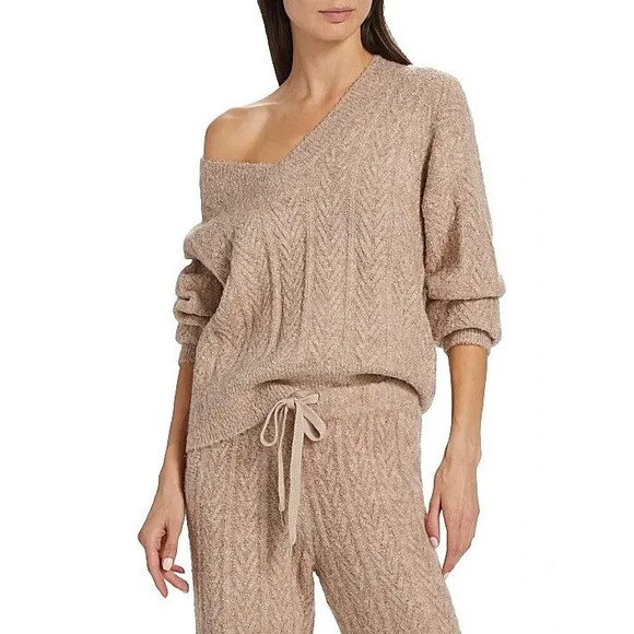 NWT Stellae Dux V-Neck Sweater Cable-Knit Long Sleeve Drop Shoulder Tan Size XL - Picture 5 of 9